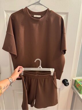 Zenana Brown Ribbed Short Set